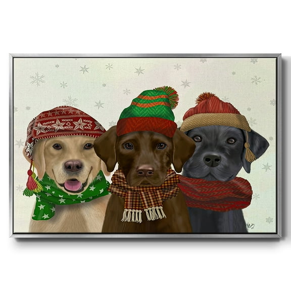 Christmas 3 Winter Labs - Framed Gallery Wrapped Holiday Canvas - 17 x 25 - Silver Frame