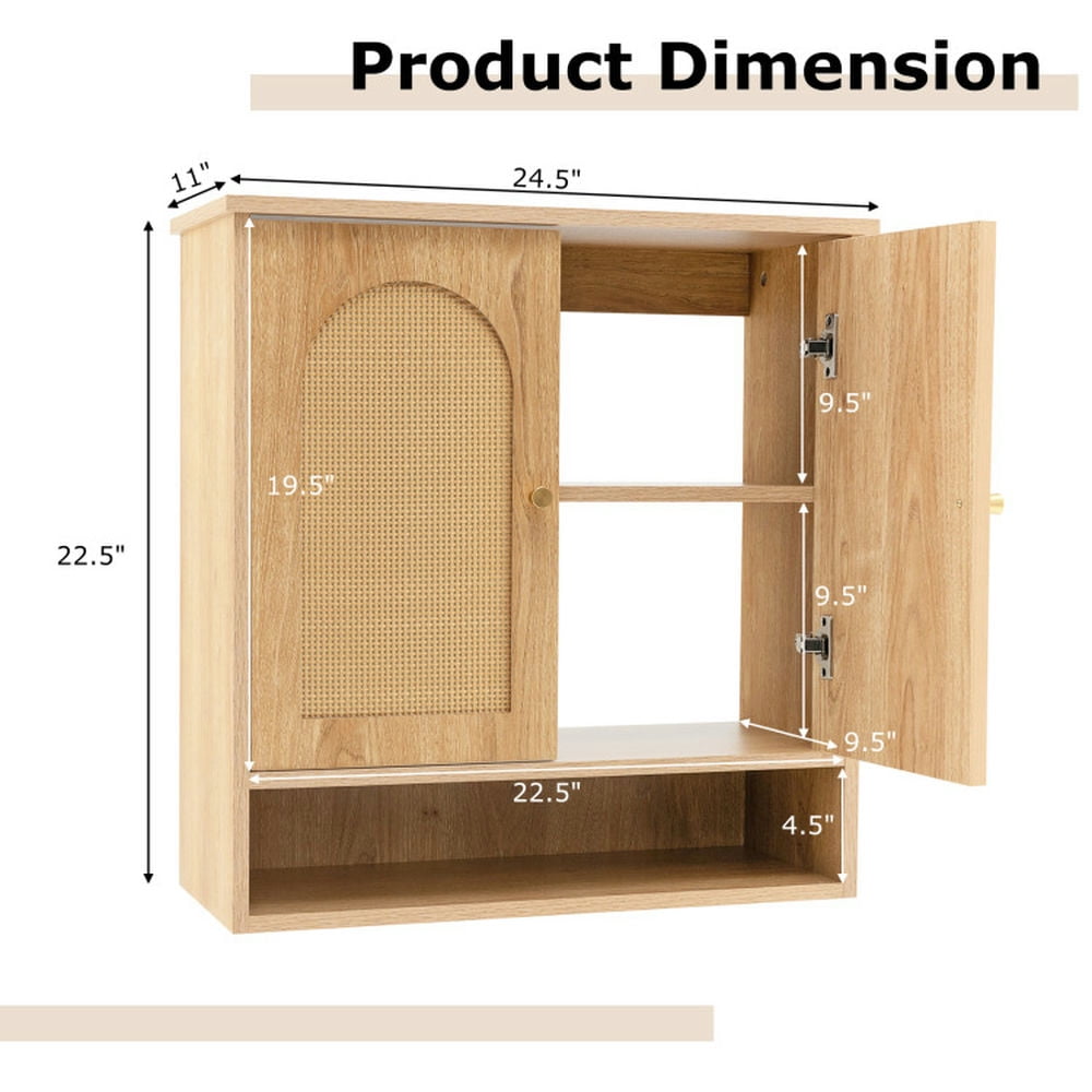 Finihen Wall Cabinet, Wall Mounted Cabinet, Medicine Cabinet, Medicine Cabinet with 2 Rattan Doors for Laundry Room Kitchen Entryway Bathroom, Natural