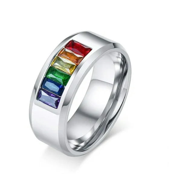 Rainbow Colorful Crystal Titanium Steel Ring Men Women Engagement Band Size 5-12