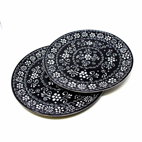 Encantada Assiettes de Souper en Poterie Faites à la Main 11,75 Pouces Ensemble de 2 Encre