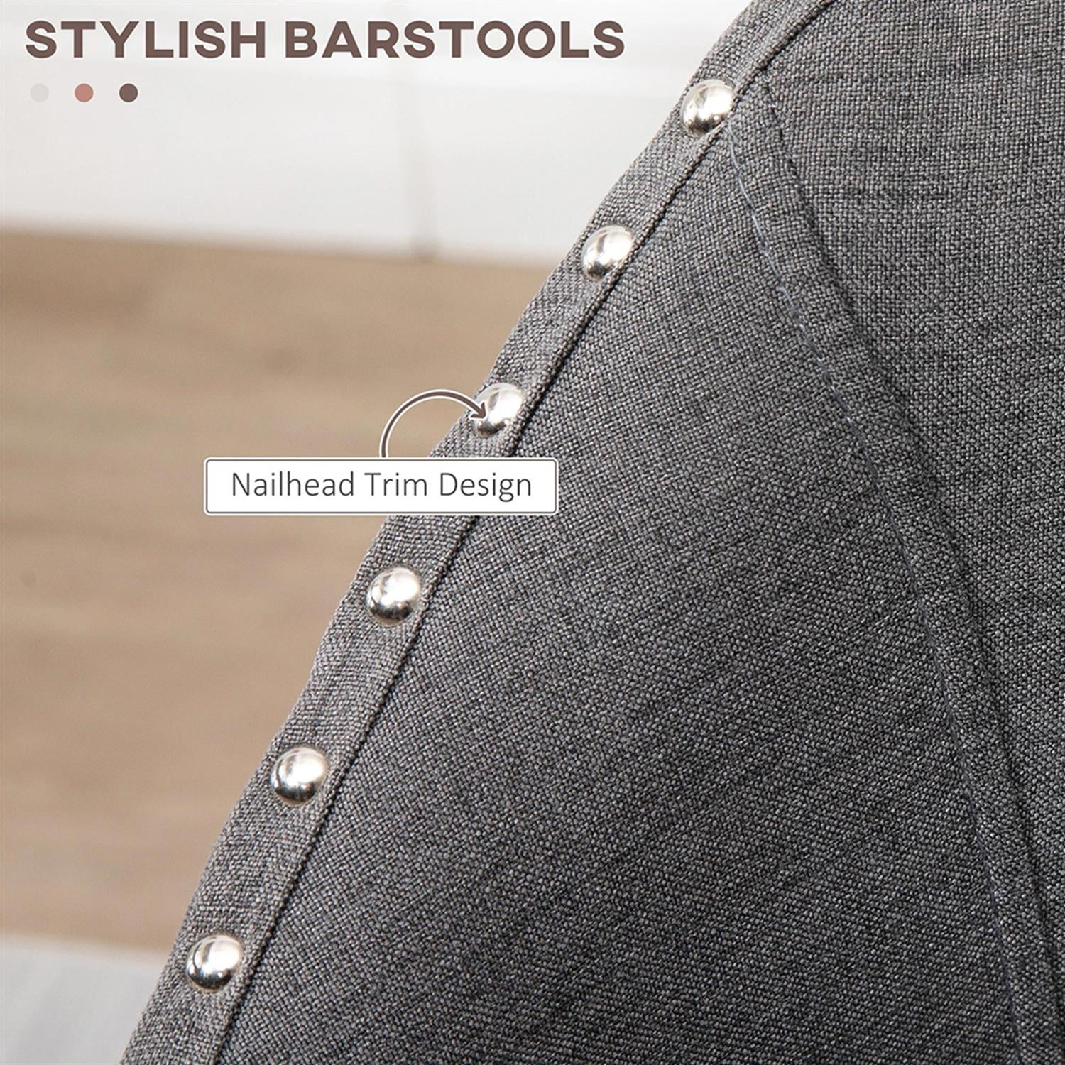 Demi Bonn Modern Bar Stool Set of 4, Cushioned Bar 26" Seat Height Stool with Nailhead Trim, Upholstered Back and Rubber Wood Legs for Kitchen, Dinning Room, Gray