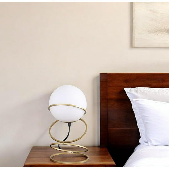 HomeRoots 568839 14 in. Gold Metal Geo Spiral Bedside Lamp with White Globe Shade