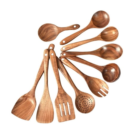 

Natural Wooden Kitchen Utensils Set Teak Wood Nonstick Cookware Long Handle Cooking Spoons for Home Dessert Soup Accessories Chef Gift - 10pcs