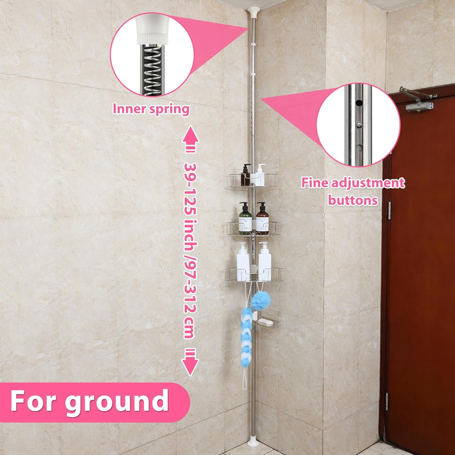 DEROFIT Shower Organizer Caddy 39-125" Stainless Steel Shower Shelves Rack for Inside Shower Bathroom Bathtub Caddy Rustproof Tension Pole Silver