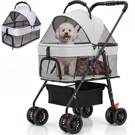 3 in 1 Pet Carrier Stroller with Detachable Carrier, Full Window Mesh, Large Storage Bag, Rear Brake,Foldable Dog & Cat Stroller for Small/Medium Dogs up to 33 lbs, One-Touch Folding and Storage