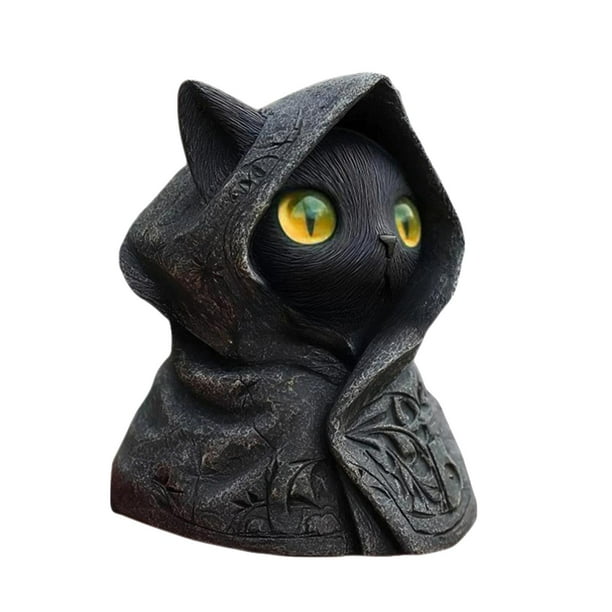 Figura de gato gótico con capucha, adorno coleccionable, estatua decorativa creativa de resina Ojos amarillos