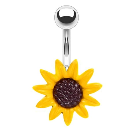 BodyJ4You Belly Button Ring Stunning Yellow Sunflower 14G Navel Banana Steel Curved Piercing