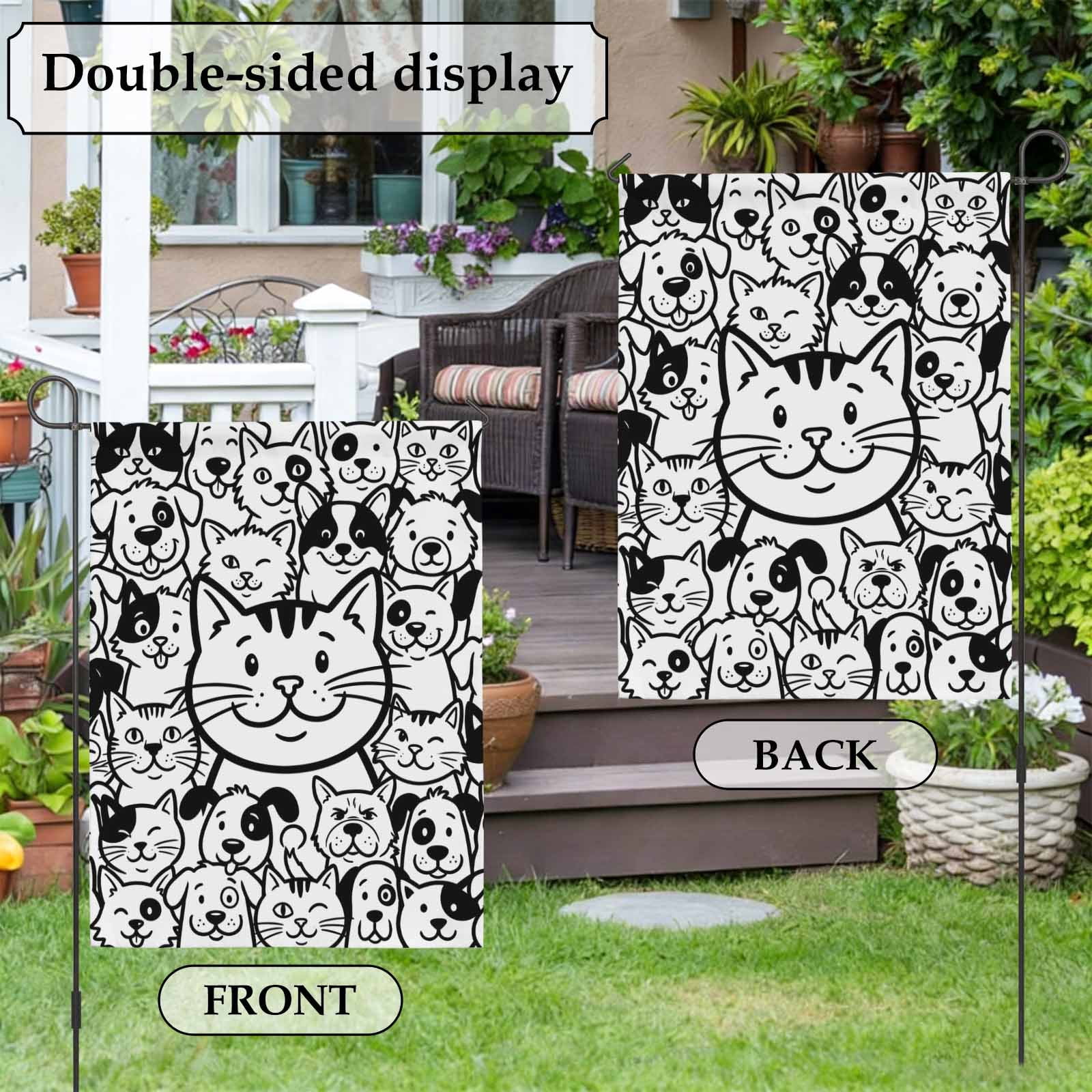 Cartoon Cat House Flag 28 x 40 Inches, Cute Dog Black White Line Animal Abstract Weather Proof Outdoor Patio Flags Double Sided Small House Decoration for Yard Lawn Outside Home