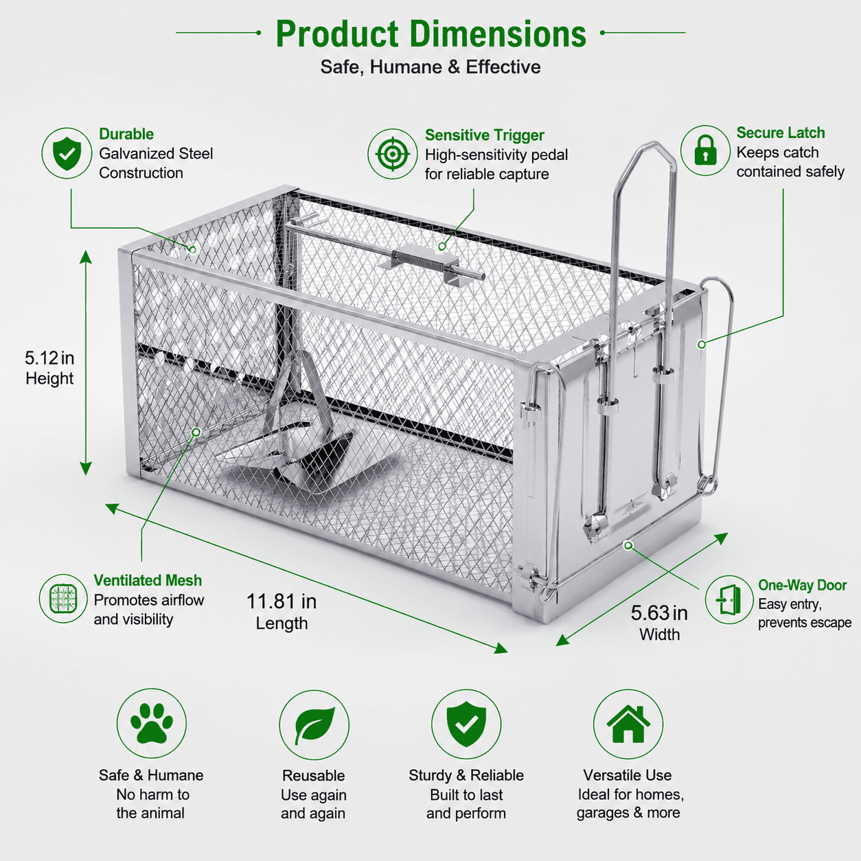Galvanized Steel Humane Rat Trap Cage, Reusable, Single Door, Silver