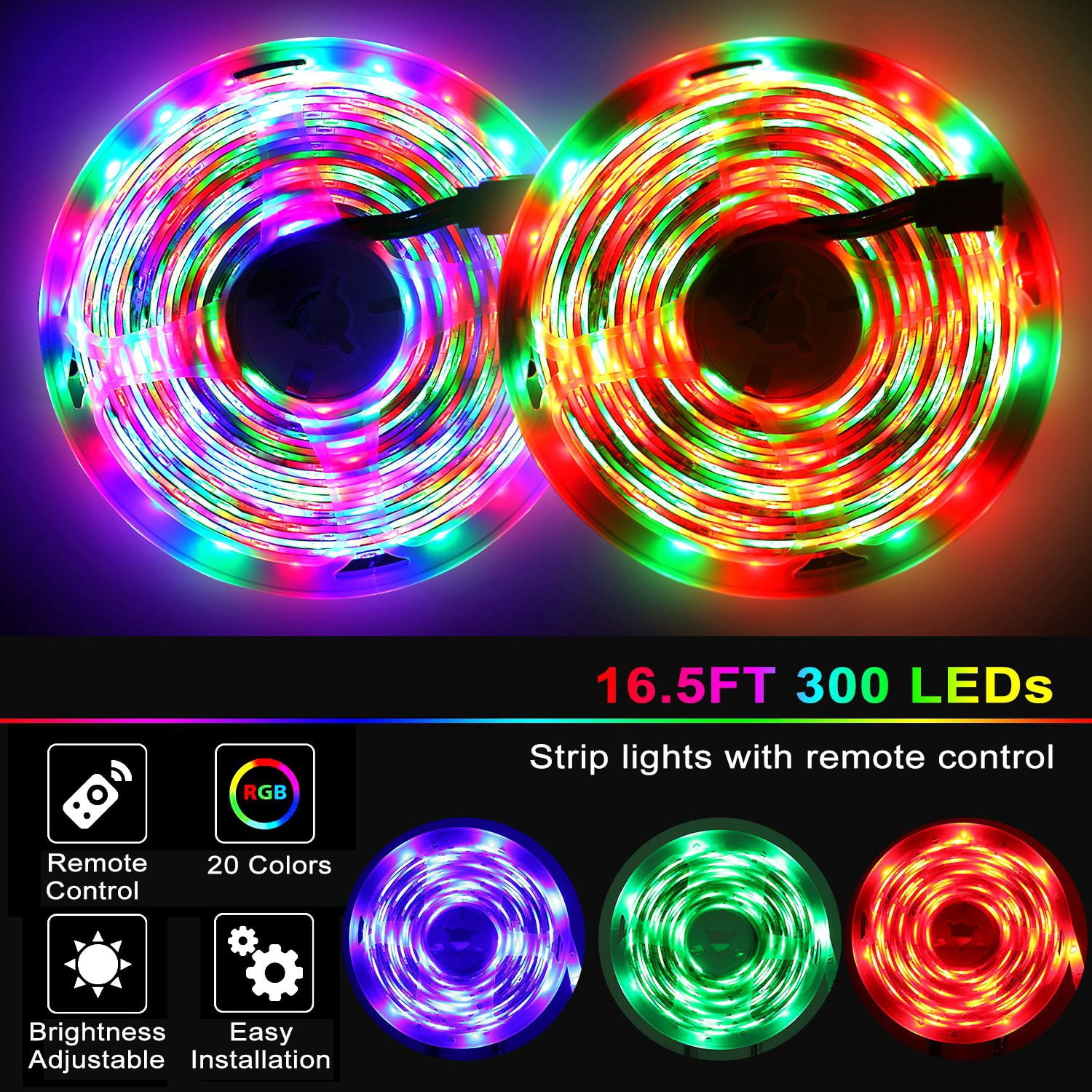 1/2pcs 16.5ft Led Lights,  300 LEDs Strip Lights 44-Key IR Remote Control,  Cuttable & Dimmable IP65 Waterproof Color Changing RGB Lights for Room,Gaming,Christmas,Party Decoration