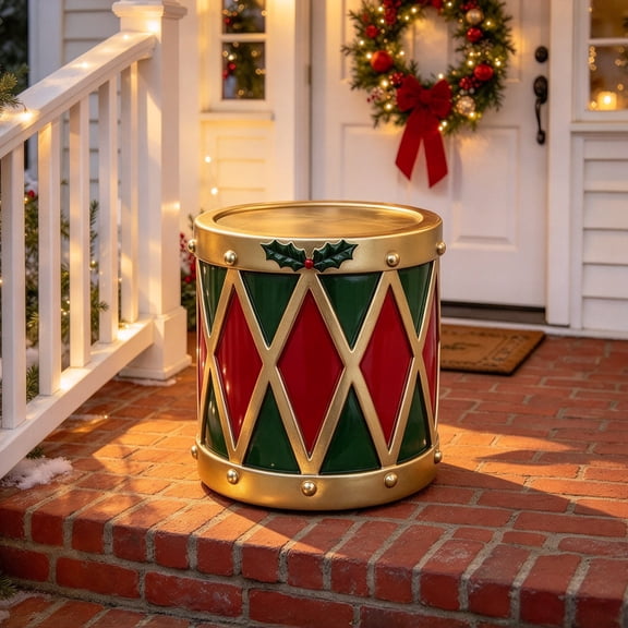 JHRGJIO Stacked Drums Christmas Decoration, Christmas Decorations Indoor Outdoor, Red Green Gold Drum Ornament for Christmas Tree Table Mantel Fireplace Home Party Winter Decor,1PC