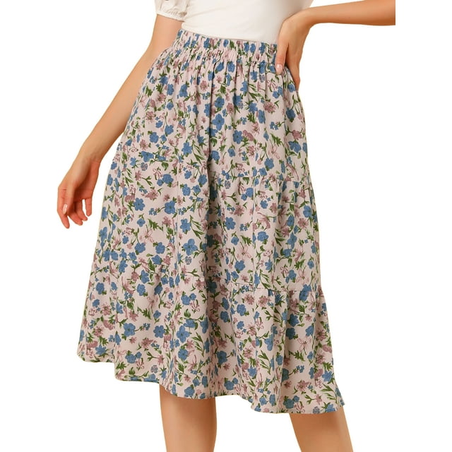 Unique Bargains Jupe Midi Décontractée à Imprimé Floral Évasée pour Femme,