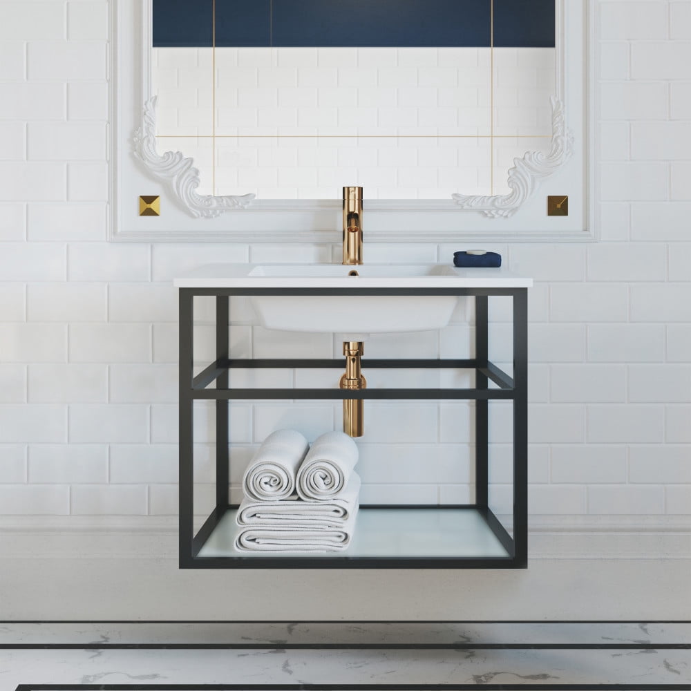 Pierre 30 Single, Open Shelf, Matte Black Metal Frame Bathroom Vanity