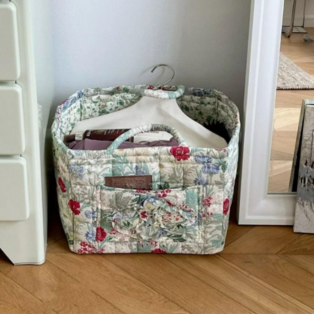 Boho Fabric Storage Basket, Boho Floral Laundry Baskets, Collapsible Bohemian Style Puffer Quilted Tote, Large Capacity Spring Vintage Storage Bag Organizer with Handle & Front Pocket