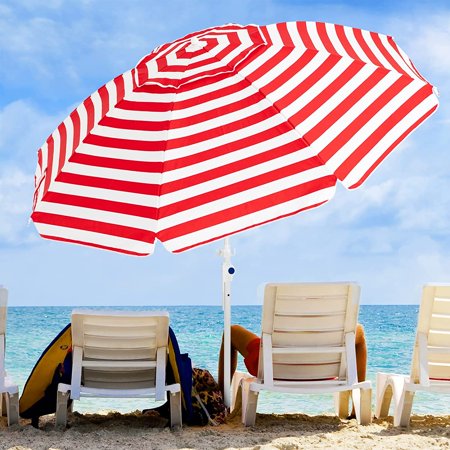 8.5FT Beach Umbrella for Sand Portable Outdoor Beach Umbrella with Sand Anchor Fiberglass Rib Push Button Tilt and Carry Bag Red&White