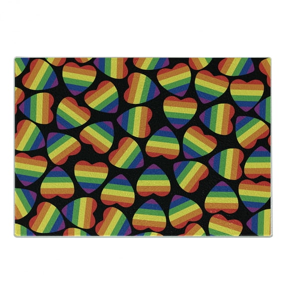 Pride Cutting Board, Rainbow Colored Striped Heart Shapes on Black Backdrop Gay Lesbian Love Parade Print, Decorative Tempered Glass Cutting and Serving Board, Small Size, Multicolor, by Ambesonne