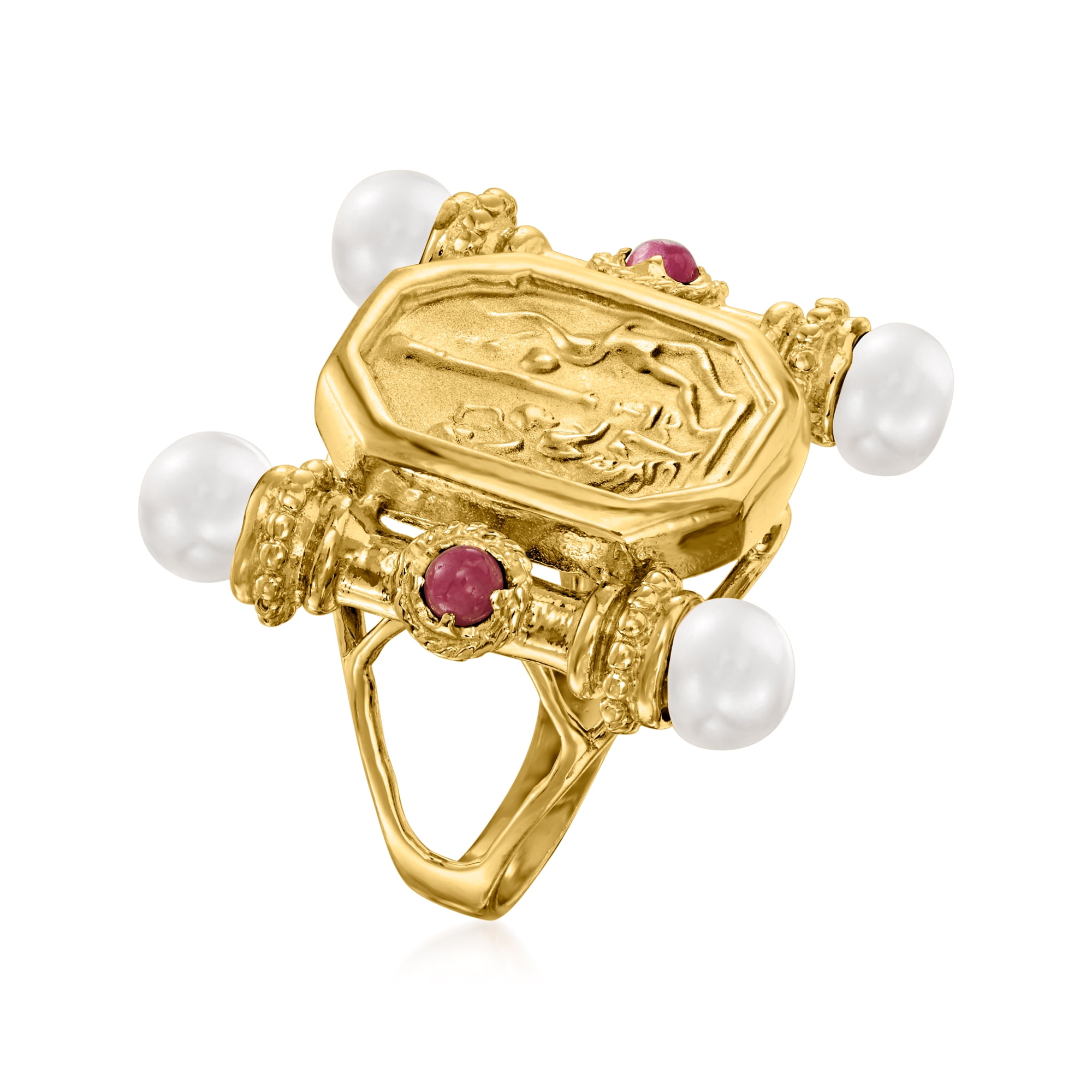 Italian 18kt Gold Over Sterling Ring With Green Venetian Glass, Malachite & Cultured Pearl - Medusa Style Statement Ring