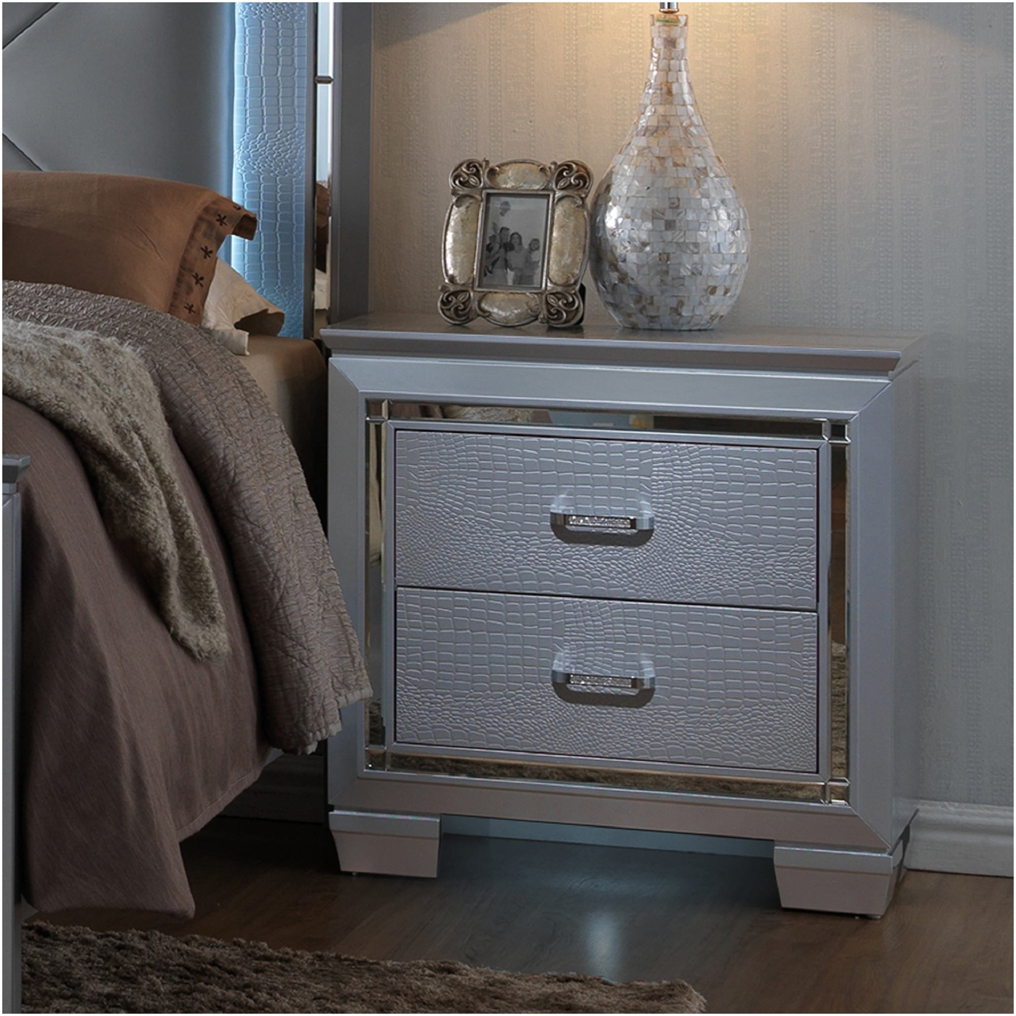 JERFIT Silver Nightstand with Built-in Night Light, Modern Glam 2-Drawer End Table, Crocodile Finish Solid Wood Bedside Table