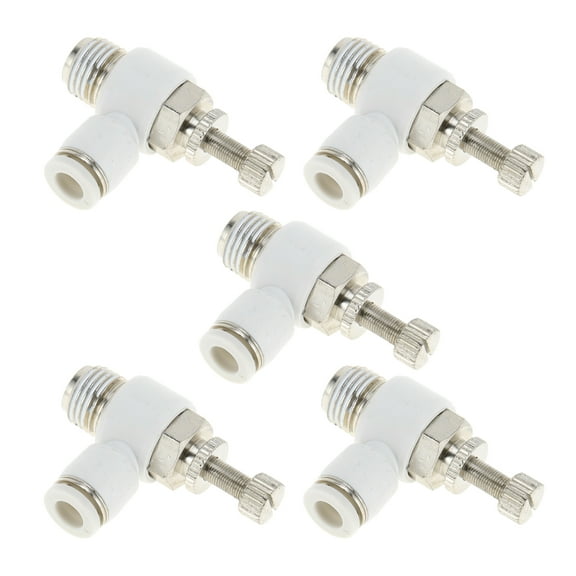 Unique Bargains Push to Connect Air Fittings 1/4" 90 Degree Air Flow Control Valve Plastic Metal 1/4"BSPT 5 Pcs White Silver Tone