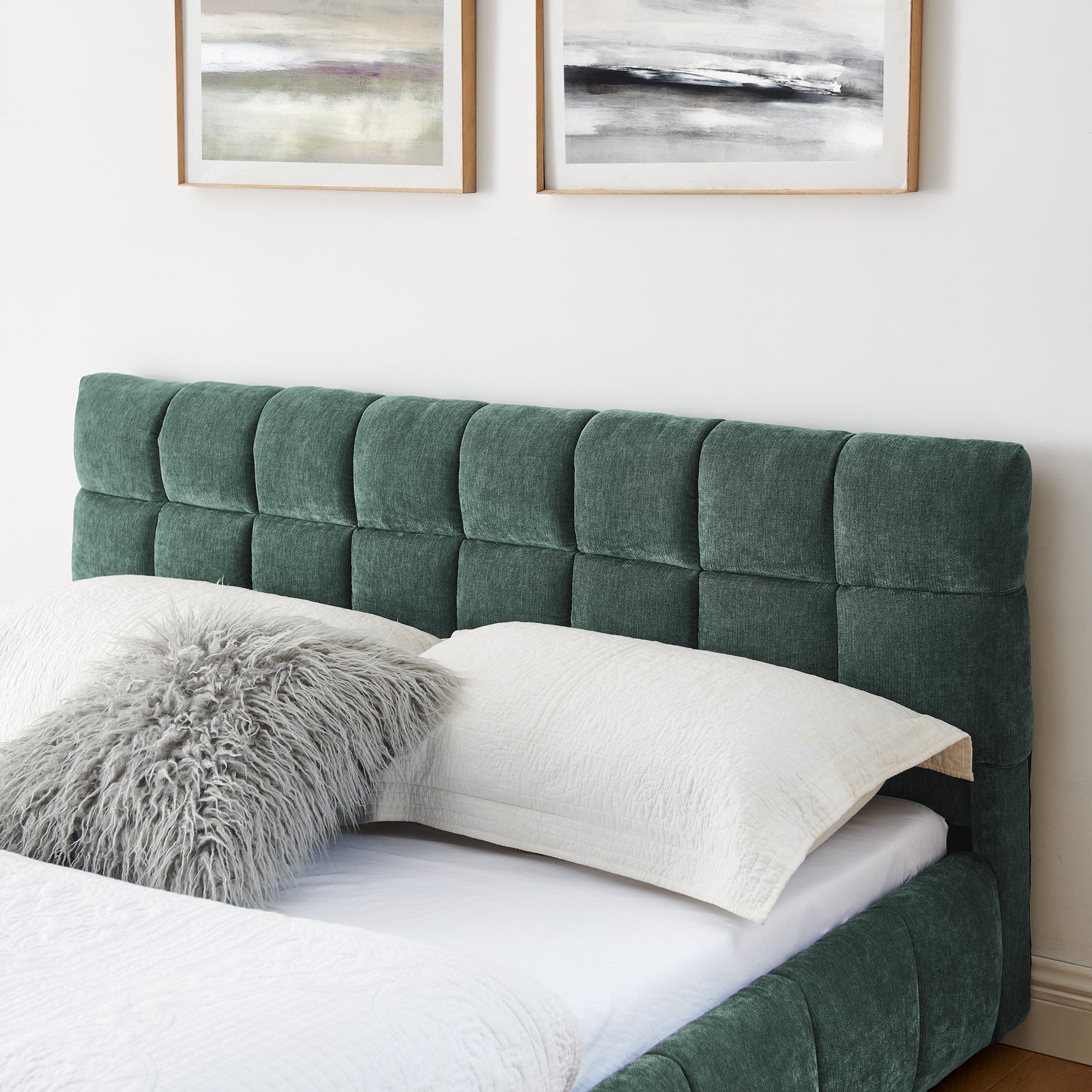 Modern Blueish Green Wood Frame Queen Chenille Upholstered Platform Bed with Headboard & 4 Drawers