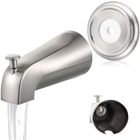 Universal Bathroom Tub Spout with Metal Tub Spout Cover Ring, 5 1/4 Inches Reach Wall Front Mount Tub Spout with Shower Diverter 1/2'' IPS Inside Thread Bathtub Faucet Spout (Brushed Nickel) Brushed
