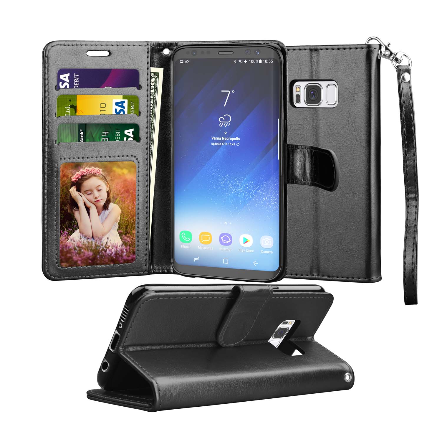 Tekcoo Galaxy S8 / S8 Plus Wallet Case, for Galaxy S8 / S8+ PU Leather Case, Tekcoo [Black] PU Leather [3 Card Slots] ID Credit Flip Cover [Kickstand] Cover & Wrist Strap - image 1 of 5