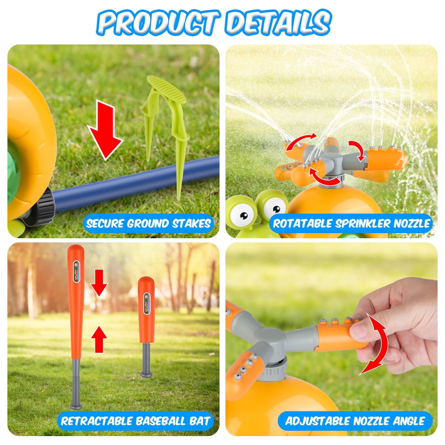 TeqHome 2 Pack Outdoor Toy Water Sprinkler Baseball Toy for Kids with 2 Sprinkler Nozzles 360° Rotating Spray Summer Outdoor Water Spray Snail Toys for Kids 4-8 Years Backyard Lawn