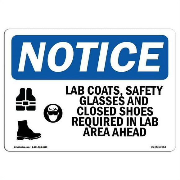 SignMission OS-NS-D-35-L-13913 OSHA Notice Sign - Lab Coats, Safety Glasses & Closed Shoes with Symbol