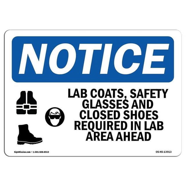 SignMission OS-NS-D-35-L-13913 OSHA Notice Sign - Lab Coats, Safety Glasses & Closed Shoes with Symbol