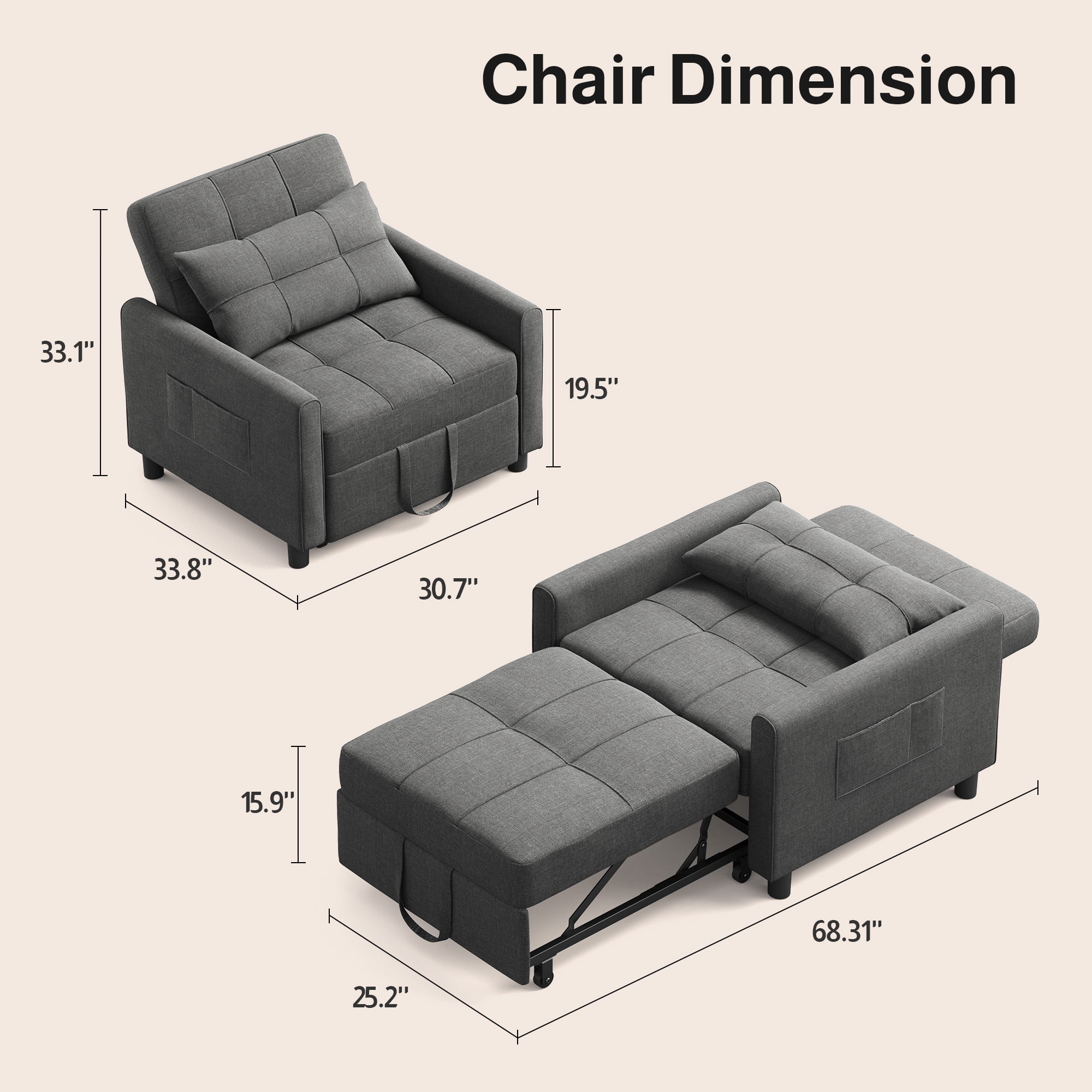 Sleeper Sofa with Adjustable Backrest and Pillow, Lofka Sofa Bed Couch for Living Room|Small Apartment, Dark Gray