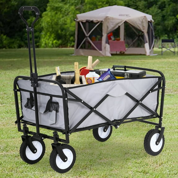 NiamVelo Foldable  Wagon Cart  Folding Wagon Garden Cart Portable Beach Wagon  with Wheels & Adjustable Handle for Garden Sport Shopping, Grey