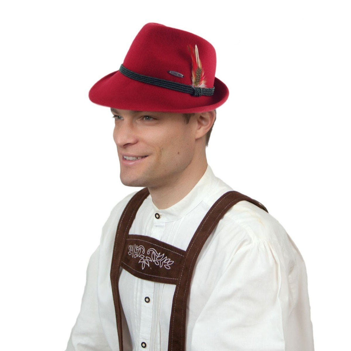 Bavarian German Alpine Wool Red Hat with Feather & Edelweiss Hat | Oktoberfest Fedora Hat for Men & Women | L