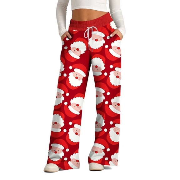 Ofreoo Christmas Linen Pants For Women High Waisted Pants Drawstring Elastic Business Casual Pants Loose And Comfortable Commuting Pants With Pockets