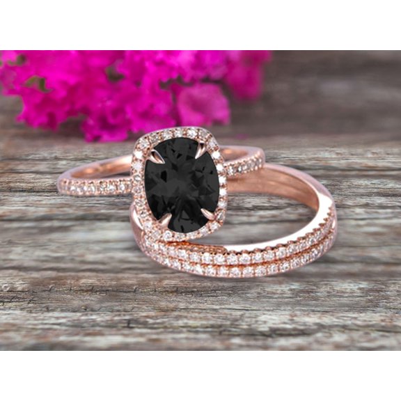 3 Carat Oval Cut Black Diamond Moissanite Engagement Ring 10k Rose Gold With Matching Band