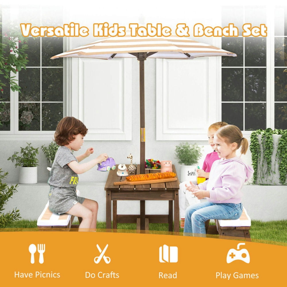 GVN Kids Picnic Table and Bench Set with Cushions and Height Adjustable Umbrella-Brown, Kids Desk and Chair Set for Arts & Crafts, Snack Time, Homeschooling, Homework