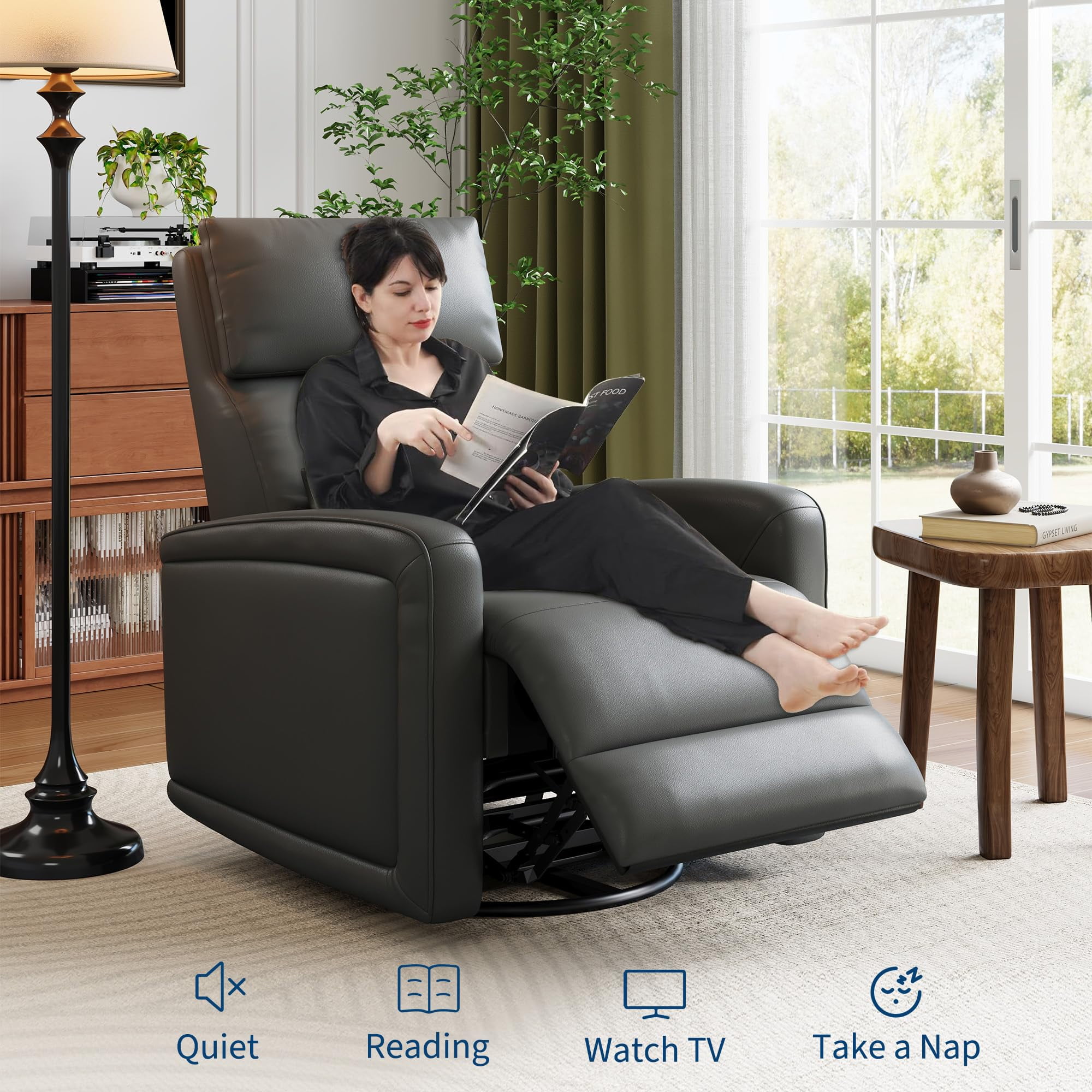 Ataucjin 360° Swivel Rocking Glider Reclinder Chair, Soft Faux Leather Upholstered Sofa Chair with Ergonomic Backrest for Adults for Nursery, Living Room（ship in 2 boxes）