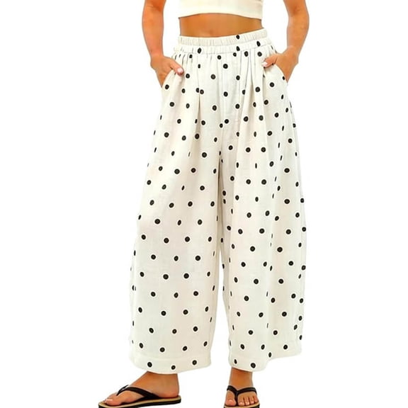 KLHDSF Pants For Women Polka Dot Wide Leg Cropped Pants with Pockets Casual Elastic Waist Summer Trousers BeigeL
