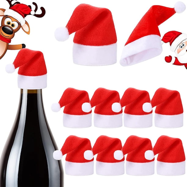 Juego de 10 Mini Gorros Navideños: Cubrebotellas y Cubiertos de Tela Roja para Decorar Fiestas.