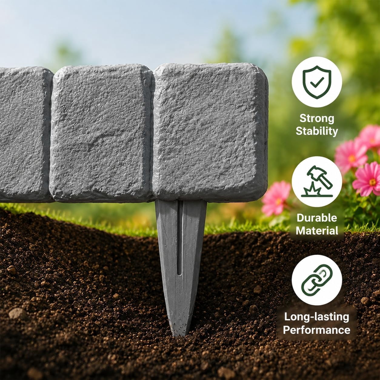Imitation Stone Garden Fence, Plastic Retaining Edging Border Grey Cobbled Effect Landscape Decor Interlocking Decorative Panels, Flower Bed Path Lawn Outdoor Picket Yard (10, gray)M