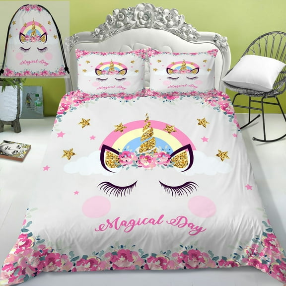 Milsleep Bedding Set Child Girl Bedroom Decor 3D Unicorn Printed Bedding Set Polyester Duvet Cover Set with Bag ,California King (98"x104")
