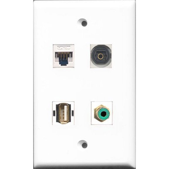 RiteAV 1 Port RCA Green and 1 Port USB A-A and 1 Port Toslink and 1 Port Cat5e Ethernet White Wall Plate