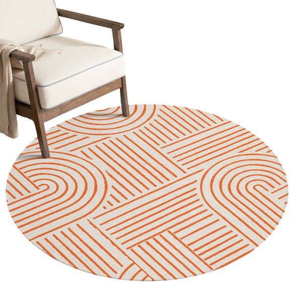Washable Round Rugs 3ft Orange Boho Circle Rug Non-Slip Soft Non-Shedding Low-Profile Abstract Geometric Curves Lines Modern Small Area Rug Carpet for Living Room Bedroom Dining Room Home Decor