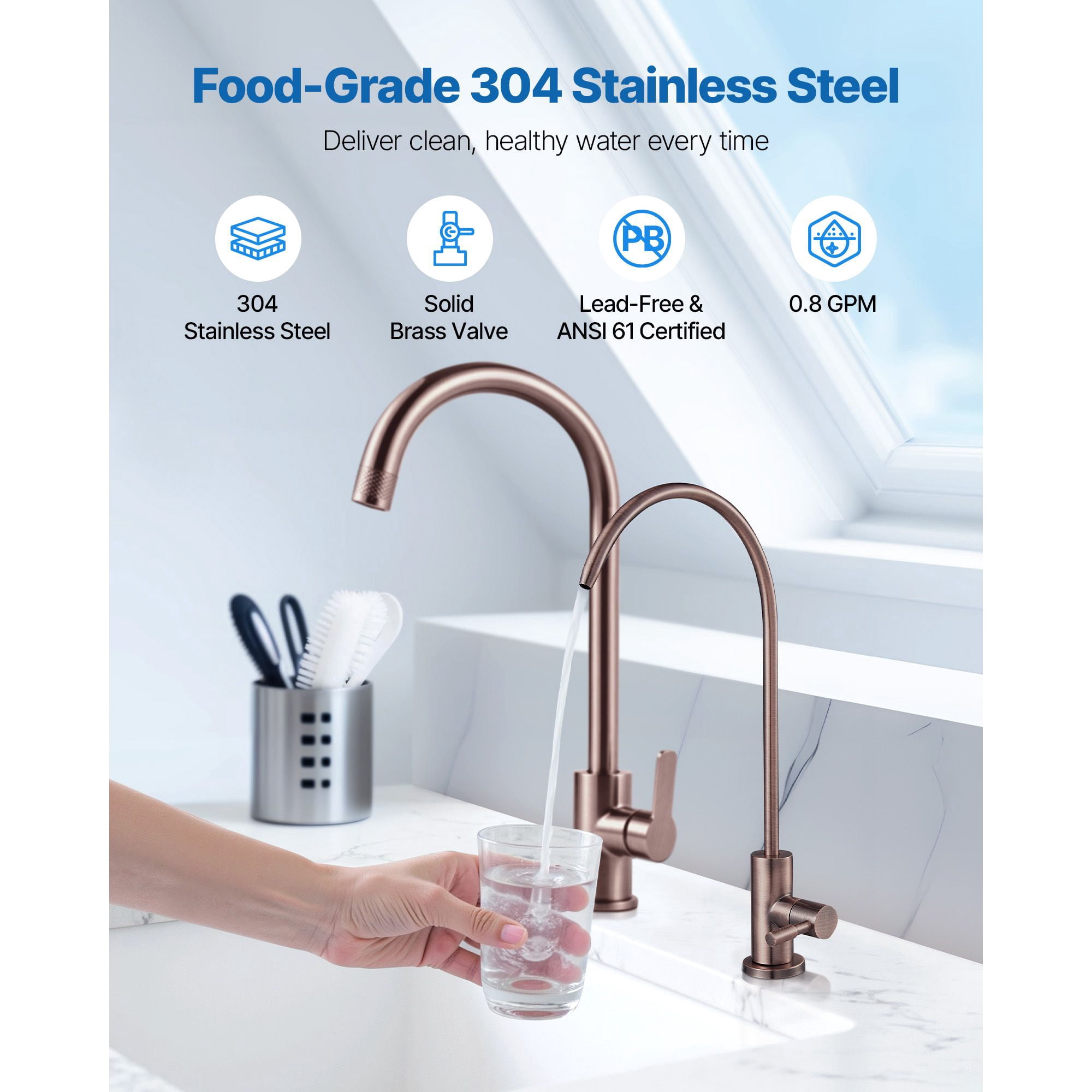 Premium Lead-Free Drinking Water Faucet, Food Grade 304 Stainless Steel Brass Valve, ANSI 61 Tested RO Filter Tap for Kitchen Sink Clean Water