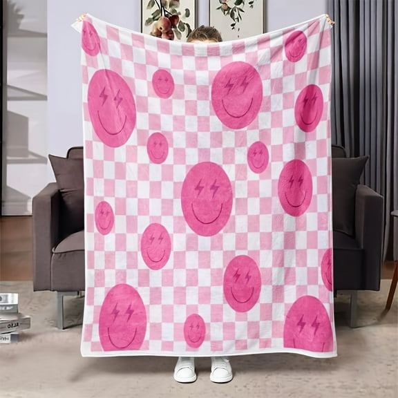 Pink Plaid Smile Face Flannel Blanket, Soft And Comfortable Blanket For Family And Friends, Suitable For Sofa Bed Throw Blanket