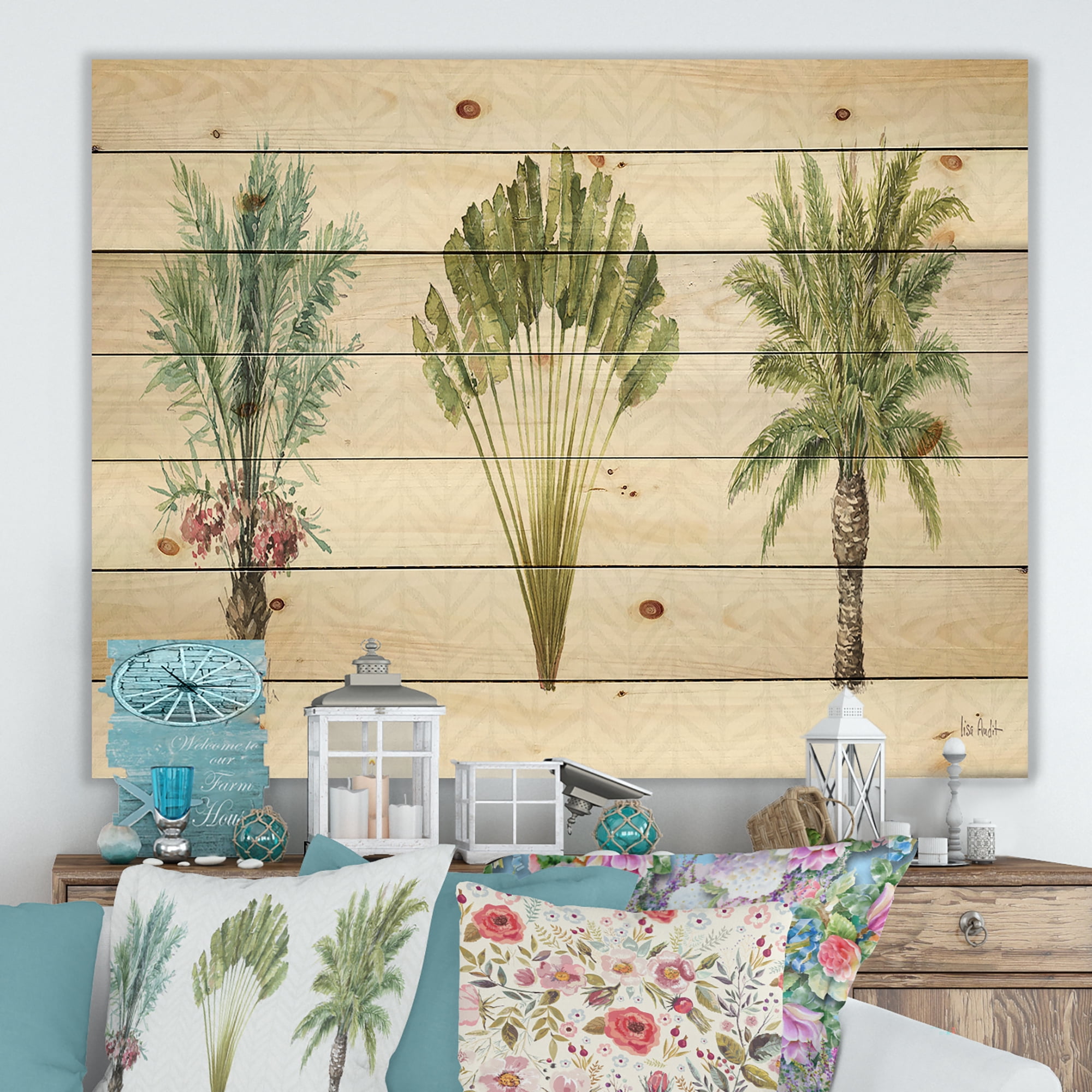Designart 'Botanical Mixed Green Palms II' Farmhouse Print on Natural Pine Wood