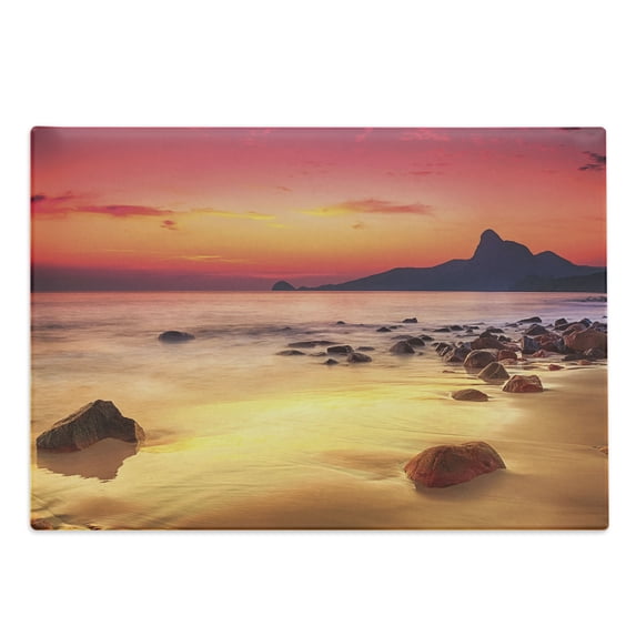 Ocean Cutting Board, Digital Photo of Sunrise over the Sea with Stones and Cliffs Idyllic Spot, Decorative Tempered Glass Cutting and Serving Board, Large Size, Orange Yellow, by Ambesonne