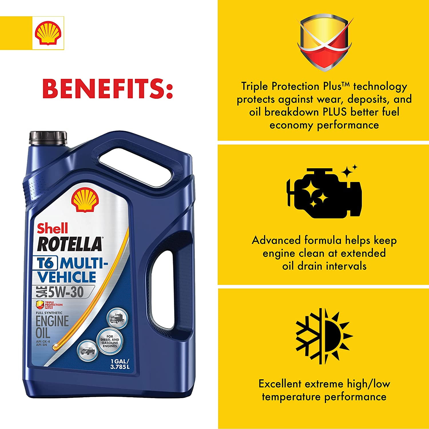 Shell Rotella T6 Multi-Vehicle Full Synthetic 5W-30 Diesel Engine Oil, 1 Gallon - 1