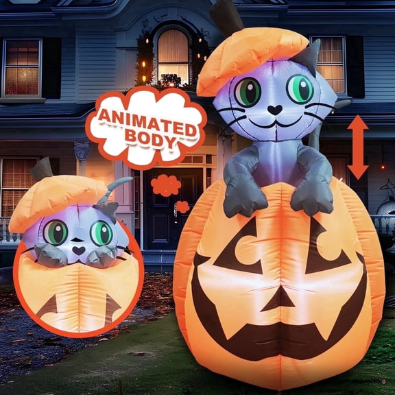 Joyfy 5 ft Halloween Inflatable Animated Cat on Pumpkin,Halloween Outdoor Decoration with LED Lights,Blow Up Decoration for Yard & Lawn,Party
