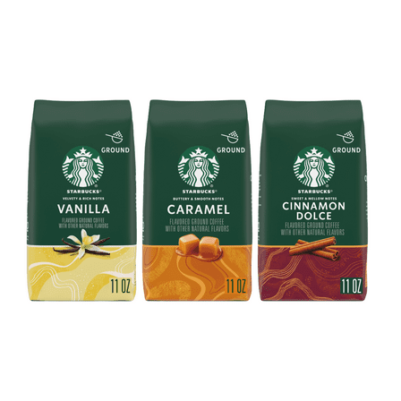 Starbucks Flavored Ground Coffee, Variety Pack, Caramel, Cinnamon Dolce, Vanilla, 33 oz
