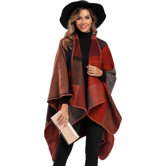 Hweilai Women's Color Block Shawl Wrap Cardigan Plus Size Poncho Cape Open Front Long Winter Coat